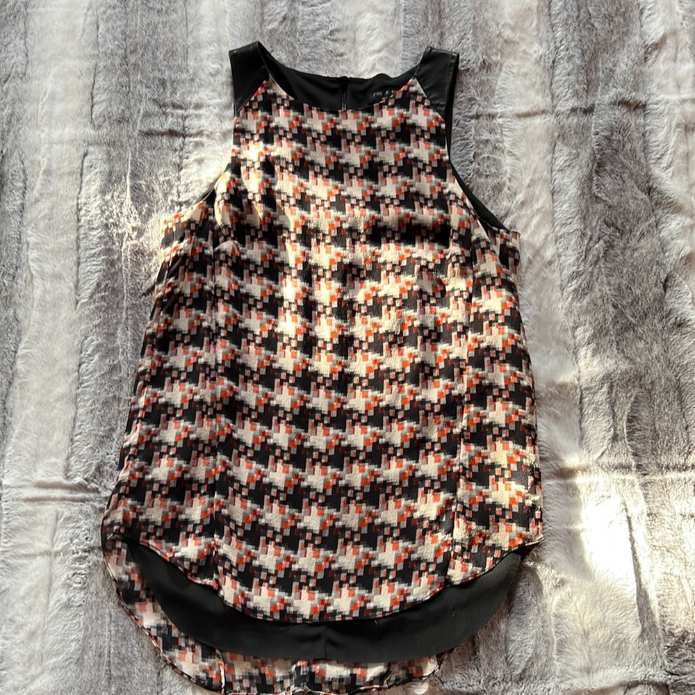 100% silk & leather houndstooth Rag & Bone sleeveless blouse.